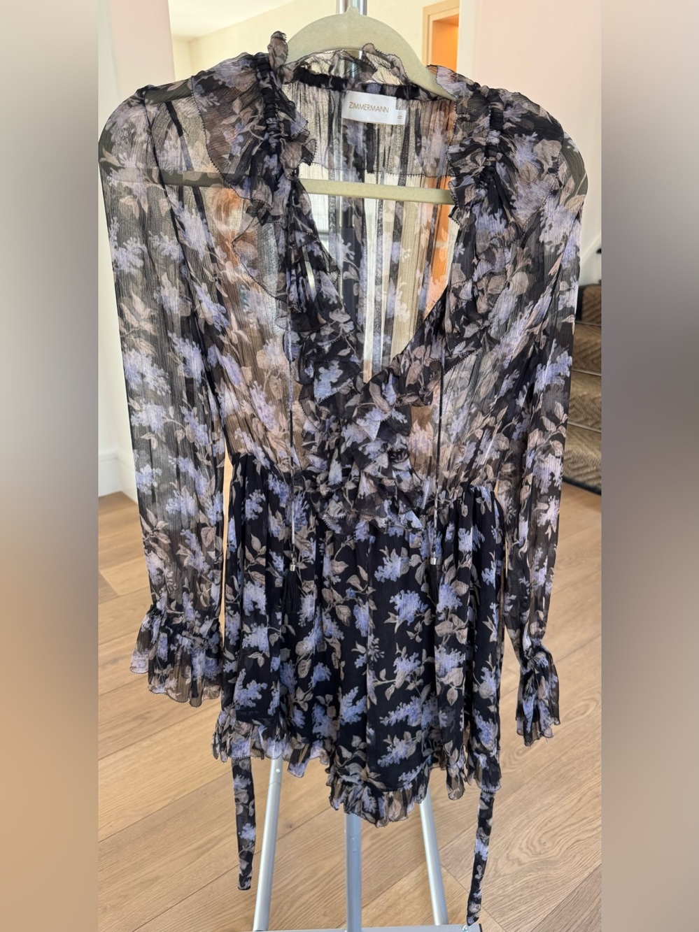 Zimmermann Black Sheer Romper with Lavender and Tan Floral Print - Picture 6 of 11